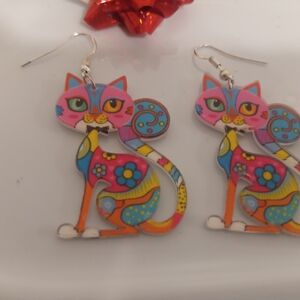 Cute Vintage Style Pink and Blue Multicolor Boho Psychedelic Cat Earrings